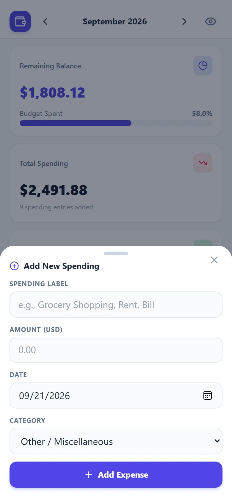 Add expense bottom sheet with label, amount, date and category fields