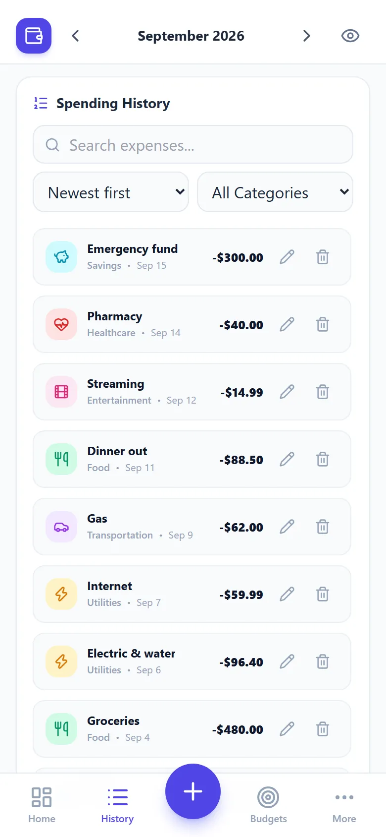 History screen: searchable, sortable list of expenses with categories and dates