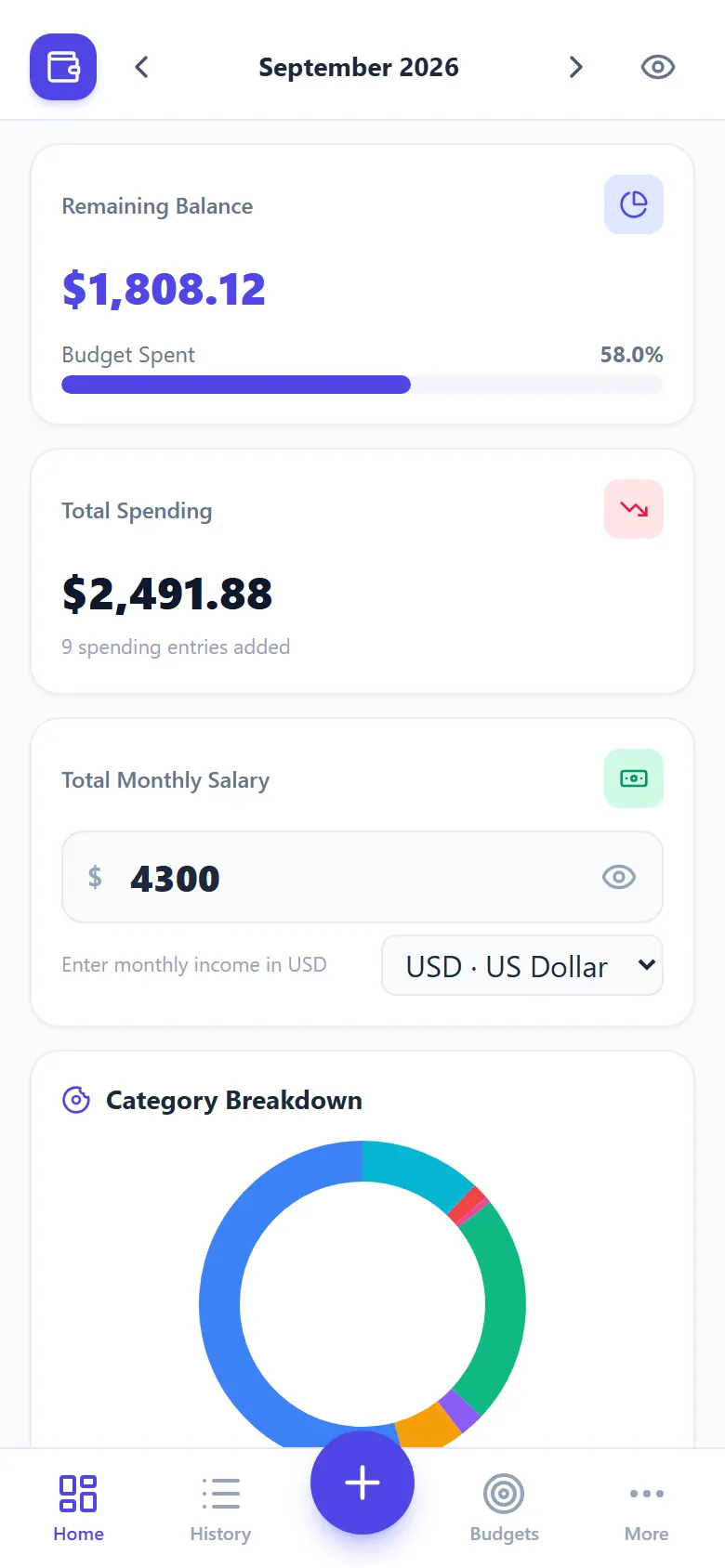 Salary Tracker home screen on a phone showing remaining balance, total spending and monthly salary